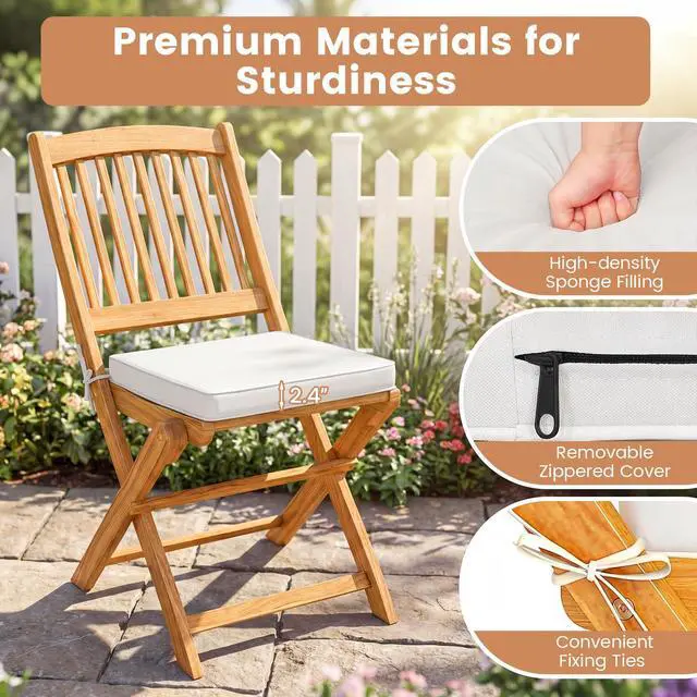 Alt view image 5 of 6 - 3Pcs Patio Bistro Set, Wood Folding Table Set, 2 Cushioned Chairs for Garden Yard, Outdoor Furniture Round Table (Natural & Beige)