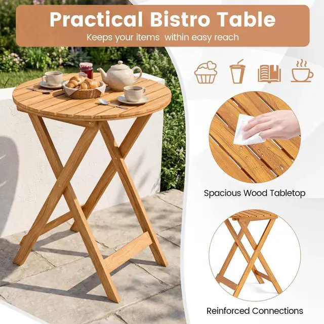 Alt view image 6 of 6 - 3Pcs Patio Bistro Set, Wood Folding Table Set, 2 Cushioned Chairs for Garden Yard, Outdoor Furniture Round Table (Natural & Beige)