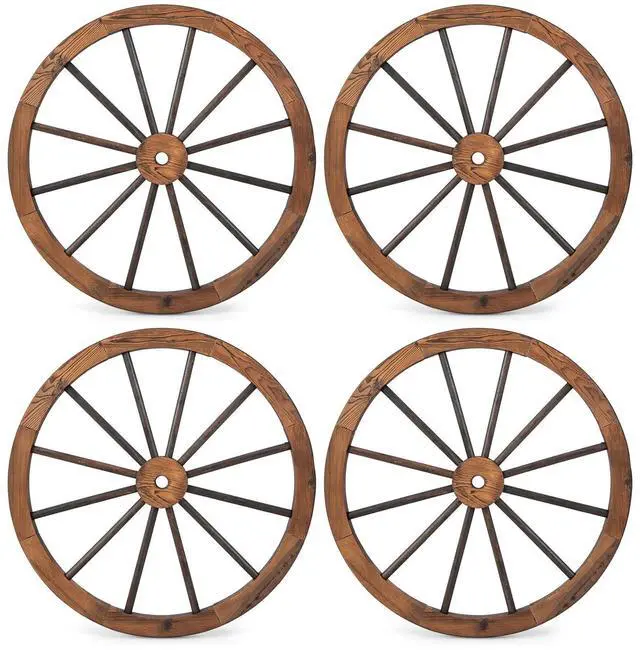 Main image of 30-Inch Wagon Wheels 4 Pieces, Carbonized Solid Fir Wood, Old Western Style Wall Art Garden Decor, Decorative Rustic Wood Wheels for Yard Garage Bar Farmhouse Outdoor