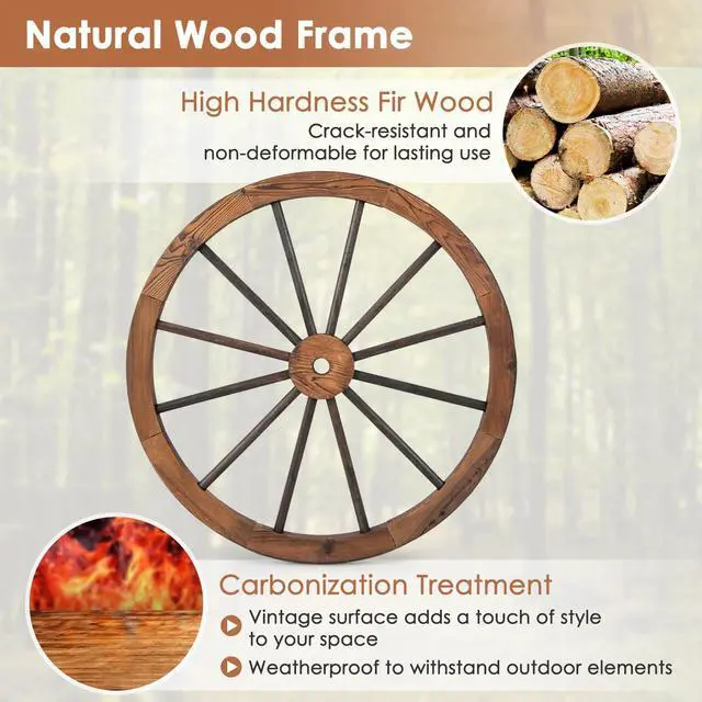 Alt view image 3 of 6 - 30-Inch Wagon Wheels 4 Pieces, Carbonized Solid Fir Wood, Old Western Style Wall Art Garden Decor, Decorative Rustic Wood Wheels for Yard Garage Bar Farmhouse Outdoor