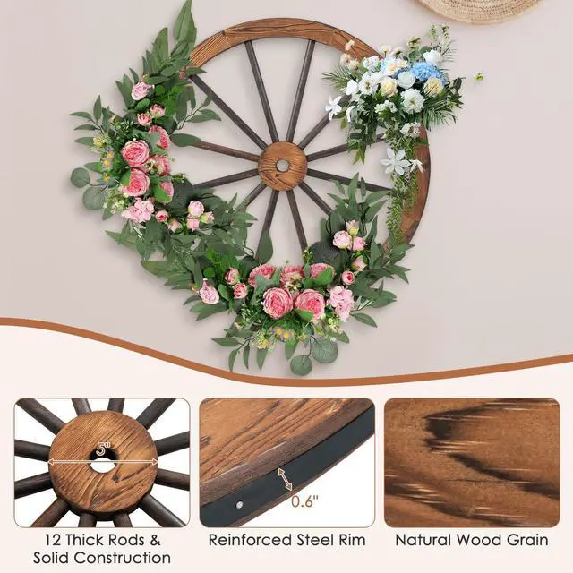 Alt view image 4 of 6 - 30-Inch Wagon Wheels 4 Pieces, Carbonized Solid Fir Wood, Old Western Style Wall Art Garden Decor, Decorative Rustic Wood Wheels for Yard Garage Bar Farmhouse Outdoor
