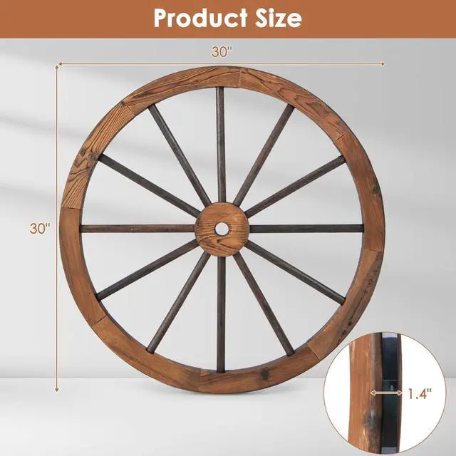 Alt view image 5 of 6 - 30-Inch Wagon Wheels 4 Pieces, Carbonized Solid Fir Wood, Old Western Style Wall Art Garden Decor, Decorative Rustic Wood Wheels for Yard Garage Bar Farmhouse Outdoor