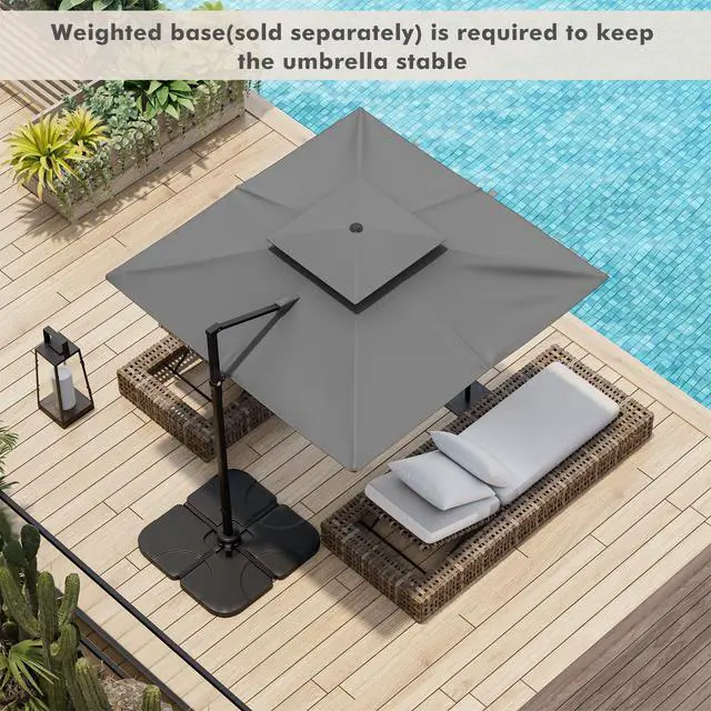 Alt view image 2 of 6 - 9.5 FT Cantilever Patio Umbrella, Outdoor Square Offset Umbrella with 360°Rotation, Double Top Heavy Duty Patio Hanging Umbrella with Cross Base for Garden Deck Pool Backyard (Grey)