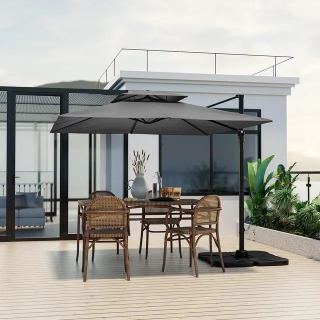 Alt view image 3 of 6 - 9.5 FT Cantilever Patio Umbrella, Outdoor Square Offset Umbrella with 360°Rotation, Double Top Heavy Duty Patio Hanging Umbrella with Cross Base for Garden Deck Pool Backyard (Grey)