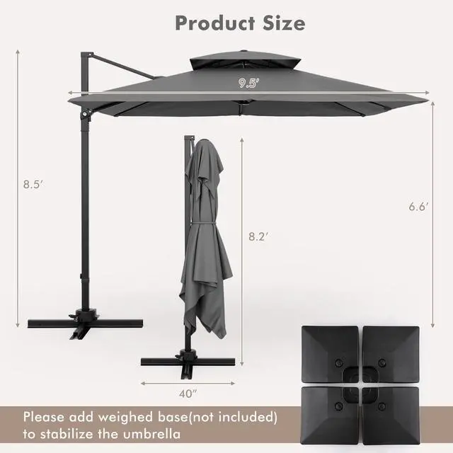 Alt view image 4 of 6 - 9.5 FT Cantilever Patio Umbrella, Outdoor Square Offset Umbrella with 360°Rotation, Double Top Heavy Duty Patio Hanging Umbrella with Cross Base for Garden Deck Pool Backyard (Grey)