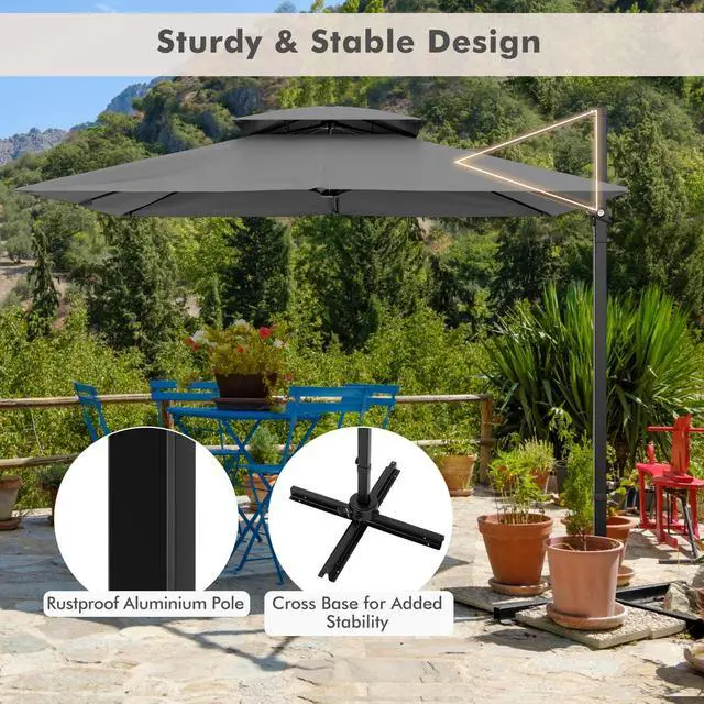 Alt view image 5 of 6 - 9.5 FT Cantilever Patio Umbrella, Outdoor Square Offset Umbrella with 360°Rotation, Double Top Heavy Duty Patio Hanging Umbrella with Cross Base for Garden Deck Pool Backyard (Grey)