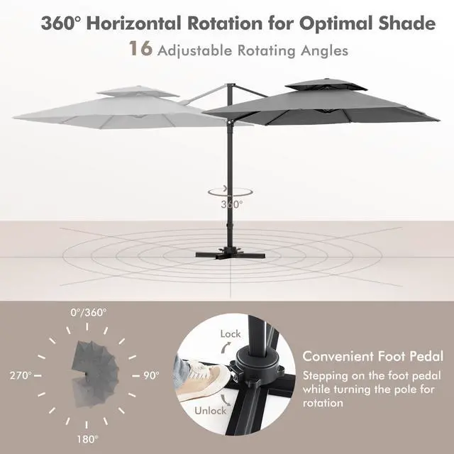 Alt view image 6 of 6 - 9.5 FT Cantilever Patio Umbrella, Outdoor Square Offset Umbrella with 360°Rotation, Double Top Heavy Duty Patio Hanging Umbrella with Cross Base for Garden Deck Pool Backyard (Grey)