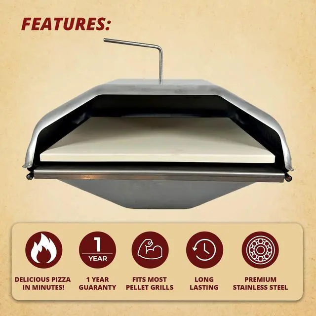 Alt view image 3 of 6 - Pellet Grill Pizza Oven Attachment for Wood-Fired Cooking, Fits Traeger, GMG, Pit Boss, Camp Chef, Rec-Tec, Converts Grill to Pizza Oven, 800°F Heat, Stainless Steel
