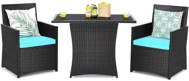 Main image of 3 Pieces Patio Dining Set, Space-Saving PE Rattan Bistro Set with Tempered Glass Top Table and Cushioned Chairs, Outdoor Conversation Set for Garden Backyard Poolside Porch (Turquoise)
