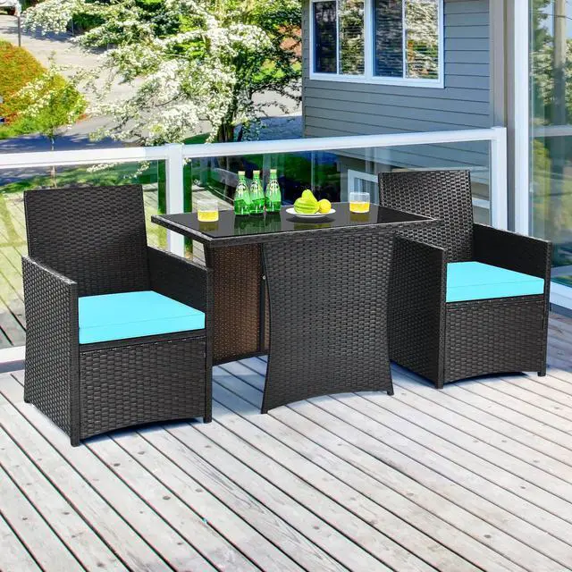 Alt view image 2 of 6 - 3 Pieces Patio Dining Set, Space-Saving PE Rattan Bistro Set with Tempered Glass Top Table and Cushioned Chairs, Outdoor Conversation Set for Garden Backyard Poolside Porch (Turquoise)