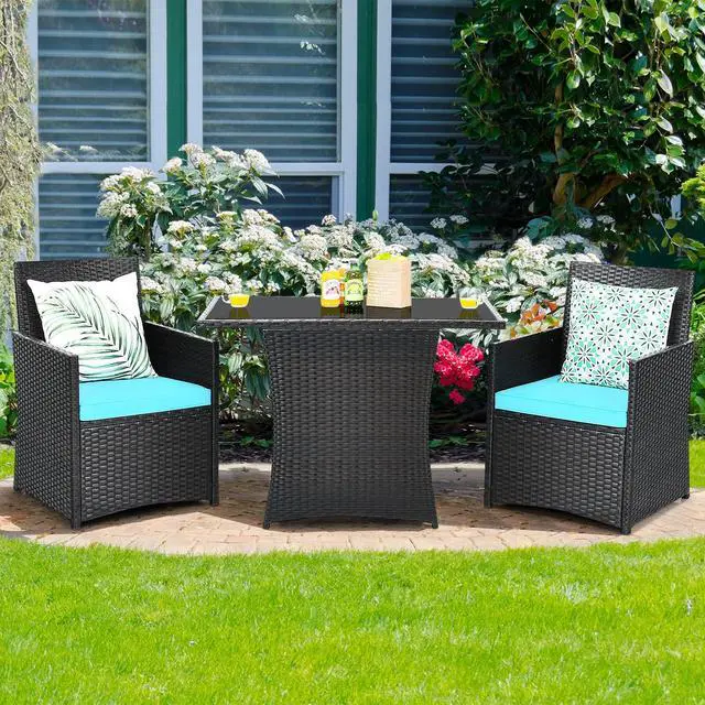 Alt view image 3 of 6 - 3 Pieces Patio Dining Set, Space-Saving PE Rattan Bistro Set with Tempered Glass Top Table and Cushioned Chairs, Outdoor Conversation Set for Garden Backyard Poolside Porch (Turquoise)
