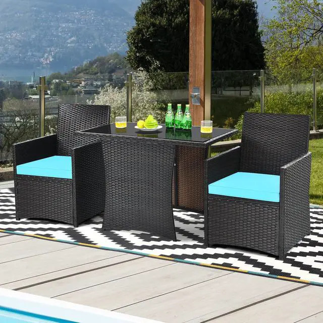 Alt view image 4 of 6 - 3 Pieces Patio Dining Set, Space-Saving PE Rattan Bistro Set with Tempered Glass Top Table and Cushioned Chairs, Outdoor Conversation Set for Garden Backyard Poolside Porch (Turquoise)