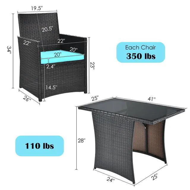 Alt view image 5 of 6 - 3 Pieces Patio Dining Set, Space-Saving PE Rattan Bistro Set with Tempered Glass Top Table and Cushioned Chairs, Outdoor Conversation Set for Garden Backyard Poolside Porch (Turquoise)