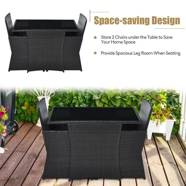 Alt view image 6 of 6 - 3 Pieces Patio Dining Set, Space-Saving PE Rattan Bistro Set with Tempered Glass Top Table and Cushioned Chairs, Outdoor Conversation Set for Garden Backyard Poolside Porch (Turquoise)