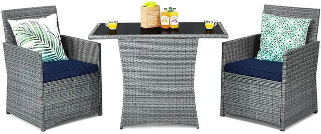 Main image of 3 Pieces Patio Dining Set, Patiojoy Space-Saving PE Rattan Bistro Set with Tempered Glass Top Table and Cushioned Chairs, Outdoor Conversation Set for Garden, Backyard, Poolside, Porch