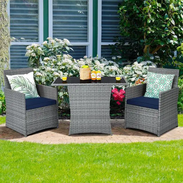Alt view image 2 of 6 - 3 Pieces Patio Dining Set, Patiojoy Space-Saving PE Rattan Bistro Set with Tempered Glass Top Table and Cushioned Chairs, Outdoor Conversation Set for Garden, Backyard, Poolside, Porch