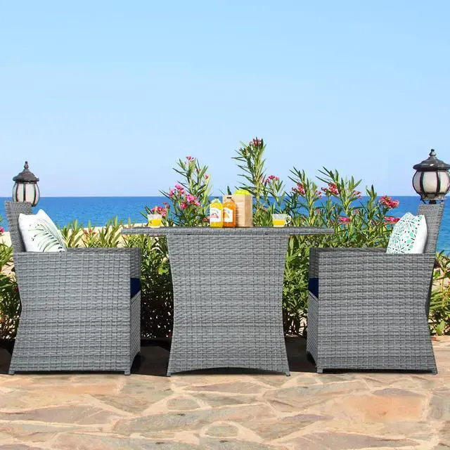 Alt view image 3 of 6 - 3 Pieces Patio Dining Set, Patiojoy Space-Saving PE Rattan Bistro Set with Tempered Glass Top Table and Cushioned Chairs, Outdoor Conversation Set for Garden, Backyard, Poolside, Porch