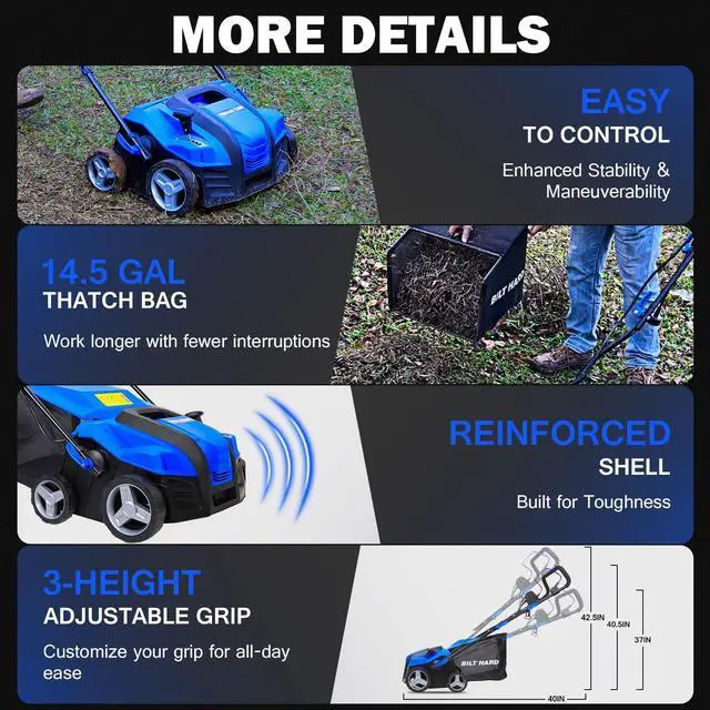 Alt view image 4 of 6 - 16 Inch Dethatcher Scarifier Electric Powered, 15 Amp Copper Motor, 5-Position Depth Adjustment, 14.5 gal Thatch Bag, 2 in 1 Walk Behind Thatch Removing Machine for Lawn