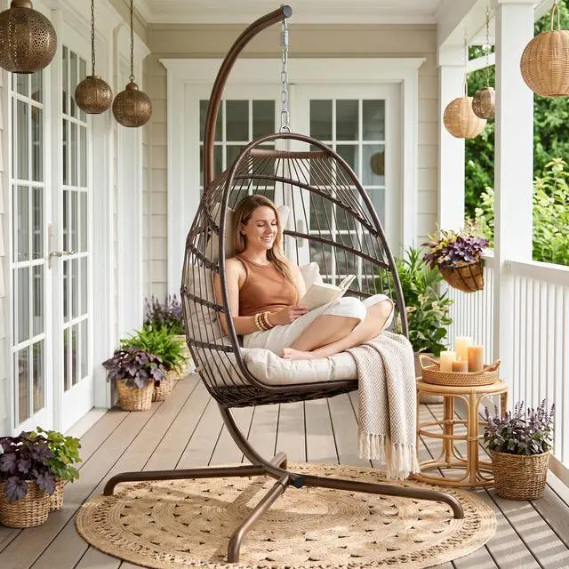 Alt view image 2 of 6 - Egg Chair with Stand, 350 Lbs Heavy-Duty Wicker Egg Swing with Thick Cushion, Weather-Resistant Hanging Chair Outdoor with Reinforced Alloy Steel Frame for Porch Bedroom, Brown & Tan