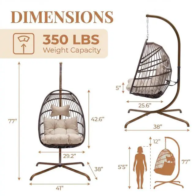 Alt view image 4 of 6 - Egg Chair with Stand, 350 Lbs Heavy-Duty Wicker Egg Swing with Thick Cushion, Weather-Resistant Hanging Chair Outdoor with Reinforced Alloy Steel Frame for Porch Bedroom, Brown & Tan