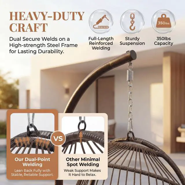 Alt view image 6 of 6 - Egg Chair with Stand, 350 Lbs Heavy-Duty Wicker Egg Swing with Thick Cushion, Weather-Resistant Hanging Chair Outdoor with Reinforced Alloy Steel Frame for Porch Bedroom, Brown & Tan