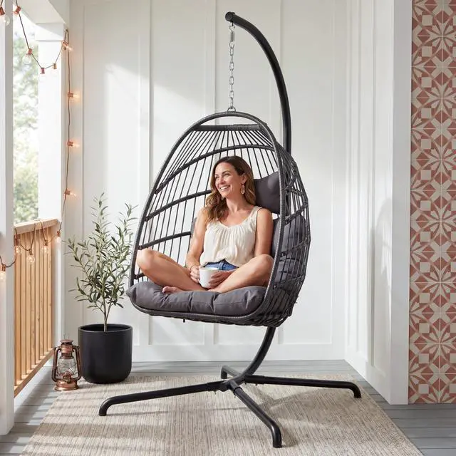 Alt view image 2 of 6 - Outdoor Hanging Egg Chair with Stand, Foldable Egg Chair Swing with Fade-Resistant Cushion, 350 Lbs Heavy-Duty Wicker Hammocks with Steel Frame for Sunroom Deck Small Balcony, Dark Gray