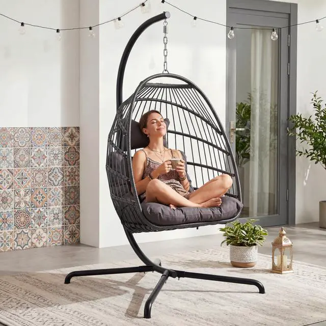 Alt view image 3 of 6 - Outdoor Hanging Egg Chair with Stand, Foldable Egg Chair Swing with Fade-Resistant Cushion, 350 Lbs Heavy-Duty Wicker Hammocks with Steel Frame for Sunroom Deck Small Balcony, Dark Gray