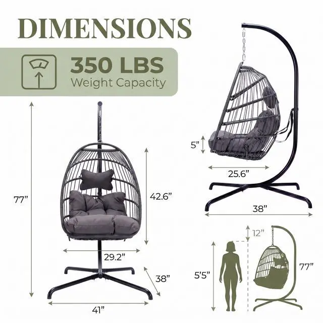 Alt view image 4 of 6 - Outdoor Hanging Egg Chair with Stand, Foldable Egg Chair Swing with Fade-Resistant Cushion, 350 Lbs Heavy-Duty Wicker Hammocks with Steel Frame for Sunroom Deck Small Balcony, Dark Gray