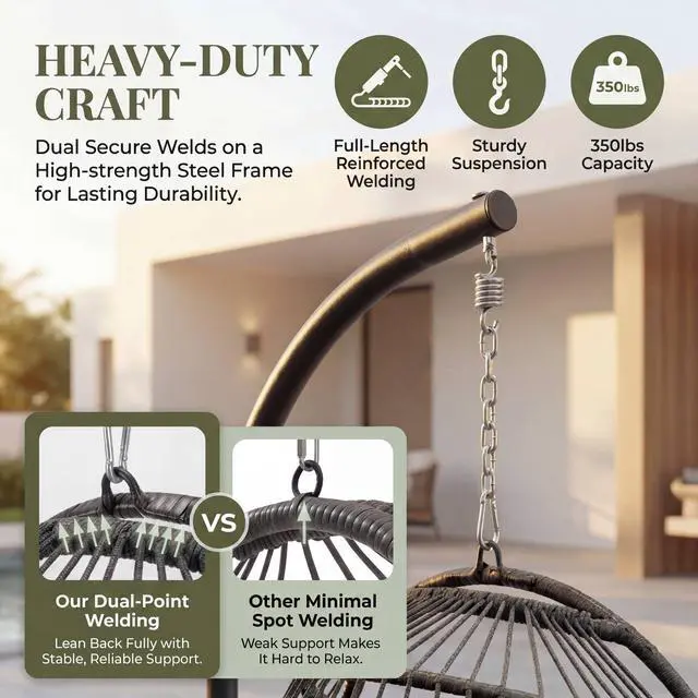 Alt view image 6 of 6 - Outdoor Hanging Egg Chair with Stand, Foldable Egg Chair Swing with Fade-Resistant Cushion, 350 Lbs Heavy-Duty Wicker Hammocks with Steel Frame for Sunroom Deck Small Balcony, Dark Gray
