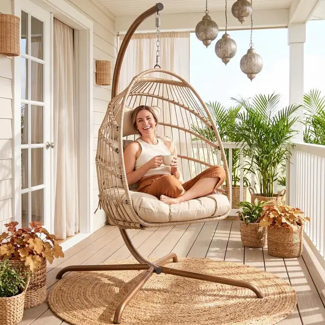 Main image of Egg Chair Outdoor with Stand, 350 Lbs Heavy Duty Hanging Egg Chair with Padded Cushion, Foldable UV-Resistant Rattan Swing Hammock for Patio Backyard Balcony Pergola Garden Indoor, Beige