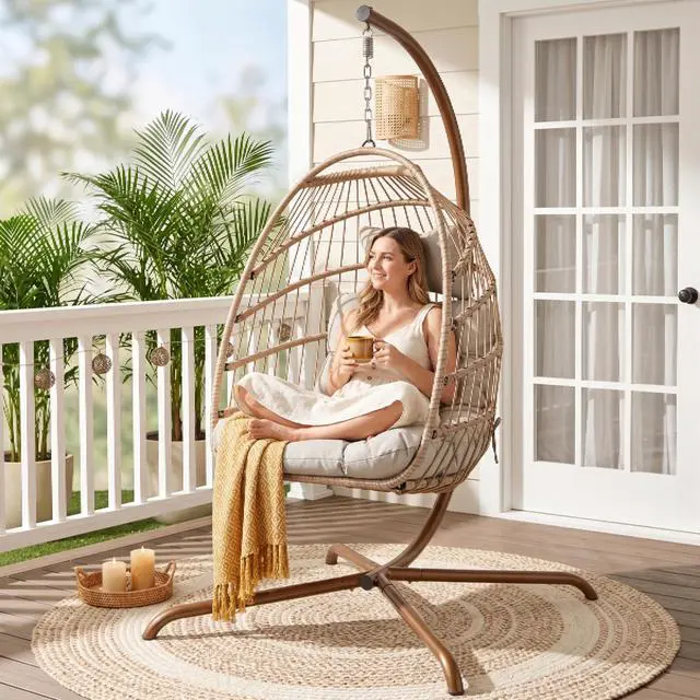 Alt view image 3 of 6 - Egg Chair Outdoor with Stand, 350 Lbs Heavy Duty Hanging Egg Chair with Padded Cushion, Foldable UV-Resistant Rattan Swing Hammock for Patio Backyard Balcony Pergola Garden Indoor, Beige