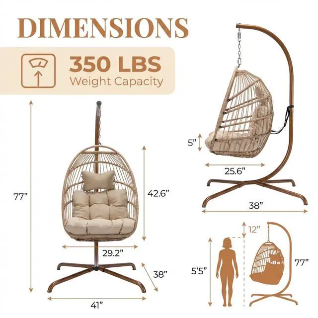 Alt view image 4 of 6 - Egg Chair Outdoor with Stand, 350 Lbs Heavy Duty Hanging Egg Chair with Padded Cushion, Foldable UV-Resistant Rattan Swing Hammock for Patio Backyard Balcony Pergola Garden Indoor, Beige