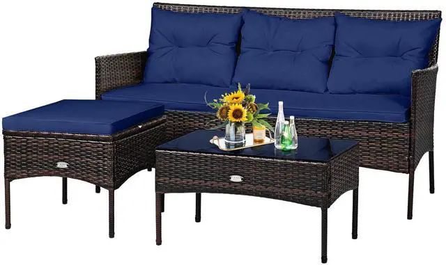 Main image of 3 Pieces Patio Conversation Set, All Weather Outdoor PE Rattan Wicker Furniture Set with Padded Cushions, Tempered Glass Coffee Table, for Poolside, Backyard, Garden (Navy)