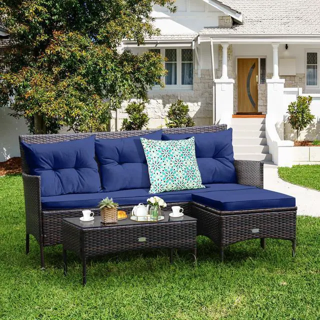 Alt view image 2 of 6 - 3 Pieces Patio Conversation Set, All Weather Outdoor PE Rattan Wicker Furniture Set with Padded Cushions, Tempered Glass Coffee Table, for Poolside, Backyard, Garden (Navy)