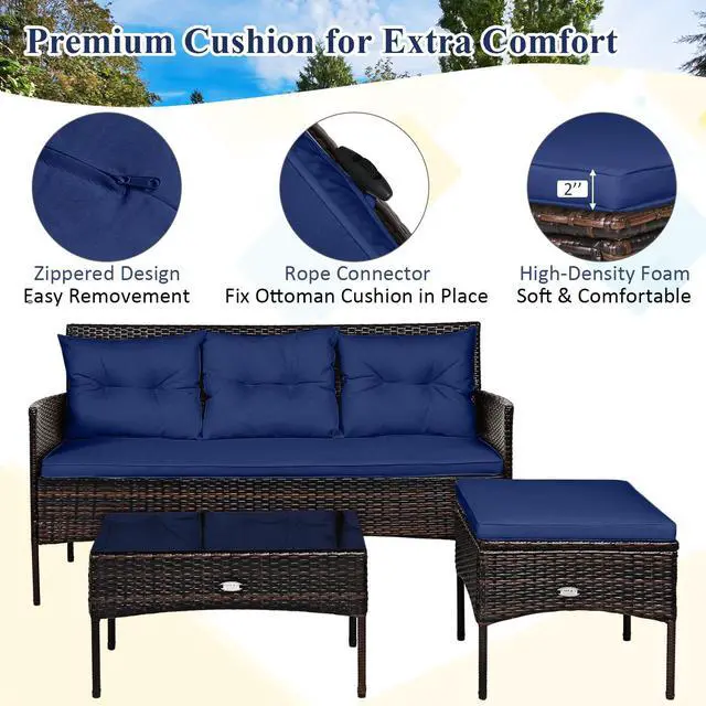 Alt view image 4 of 6 - 3 Pieces Patio Conversation Set, All Weather Outdoor PE Rattan Wicker Furniture Set with Padded Cushions, Tempered Glass Coffee Table, for Poolside, Backyard, Garden (Navy)