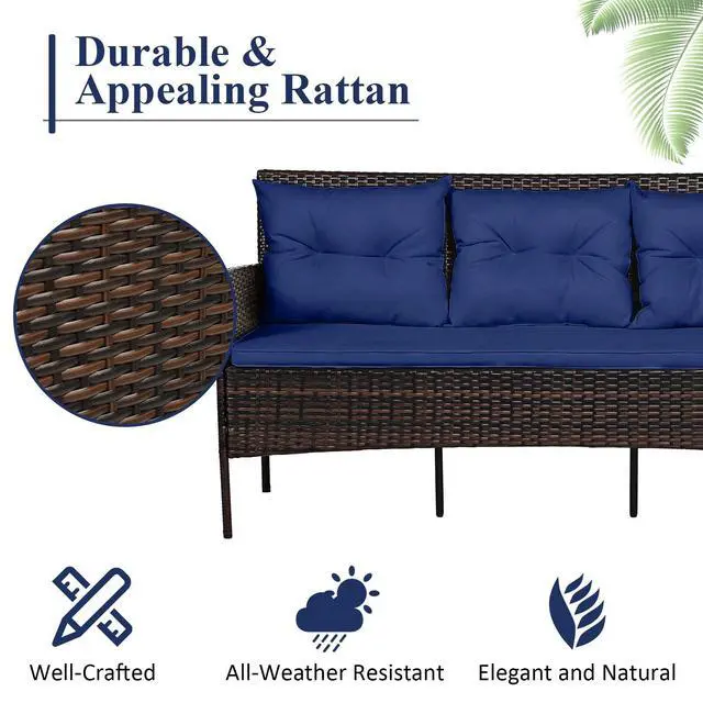 Alt view image 5 of 6 - 3 Pieces Patio Conversation Set, All Weather Outdoor PE Rattan Wicker Furniture Set with Padded Cushions, Tempered Glass Coffee Table, for Poolside, Backyard, Garden (Navy)