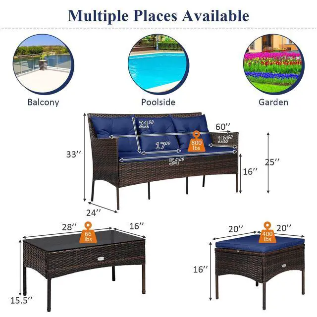 Alt view image 6 of 6 - 3 Pieces Patio Conversation Set, All Weather Outdoor PE Rattan Wicker Furniture Set with Padded Cushions, Tempered Glass Coffee Table, for Poolside, Backyard, Garden (Navy)