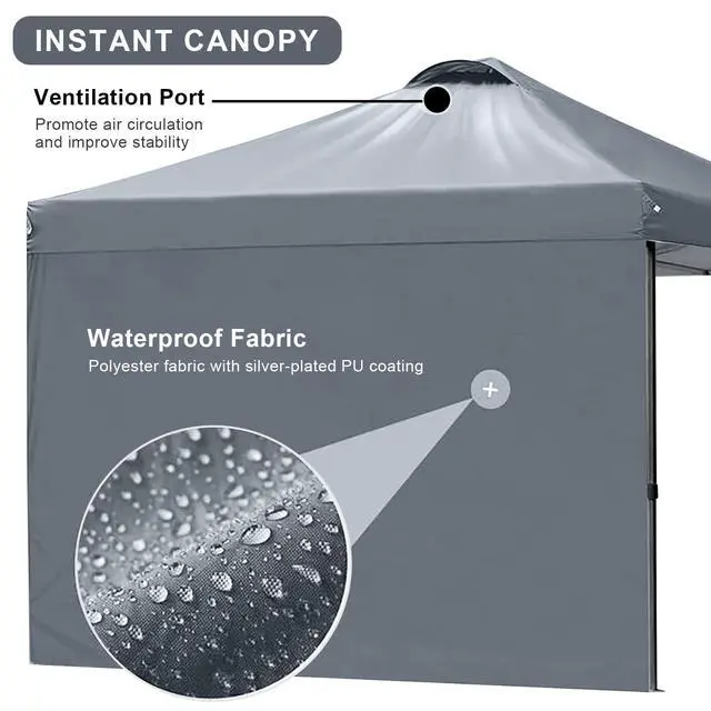 Alt view image 3 of 6 - 10x10 Pop-Up Canopy Tent, Waterproof, Portable Shade with Side Walls, Adjustable Instant Outdoor Shelter for Camping, Backyard, and Events, Grey