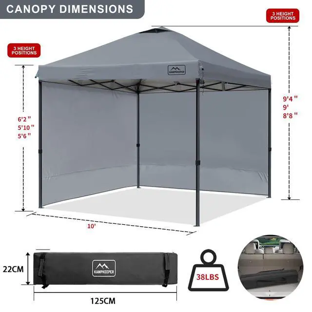 Alt view image 4 of 6 - 10x10 Pop-Up Canopy Tent, Waterproof, Portable Shade with Side Walls, Adjustable Instant Outdoor Shelter for Camping, Backyard, and Events, Grey