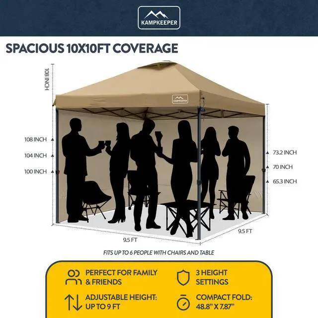 Alt view image 2 of 6 - 10x10 Pop-Up Canopy Tent, Waterproof, Portable Shade with Side Walls, Adjustable Instant Outdoor Shelter for Camping, Backyard, and Events, Khaki