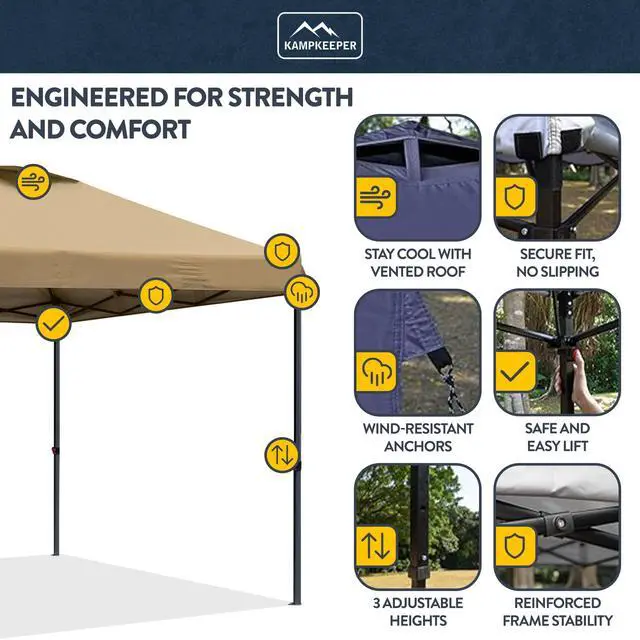 Alt view image 3 of 6 - 10x10 Pop-Up Canopy Tent, Waterproof, Portable Shade with Side Walls, Adjustable Instant Outdoor Shelter for Camping, Backyard, and Events, Khaki