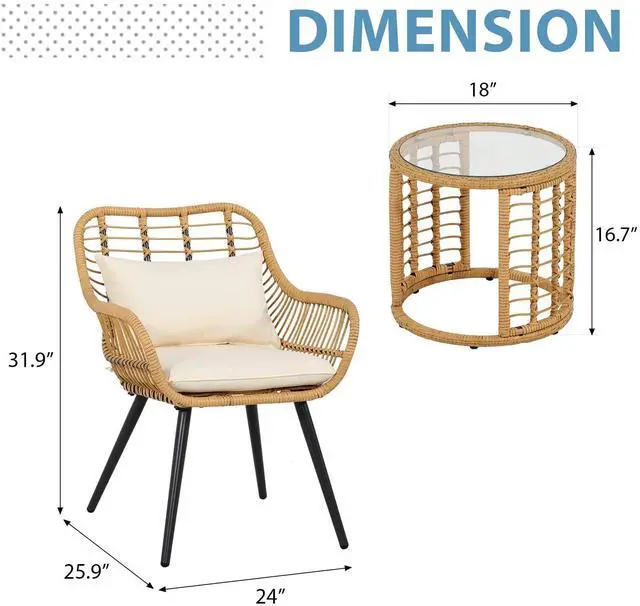Main image of 3 Piece Patio Bistro Set, Wicker Outdoor Patio Set with Enhanced Comfort Seating, Round Glass Top Coffee Side Table, Patio Rattan Conversation Set for Balcony, Lawn, Garden, Backyard, White