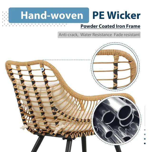 Alt view image 4 of 5 - 3 Piece Patio Bistro Set, Wicker Outdoor Patio Set with Enhanced Comfort Seating, Round Glass Top Coffee Side Table, Patio Rattan Conversation Set for Balcony, Lawn, Garden, Backyard, White