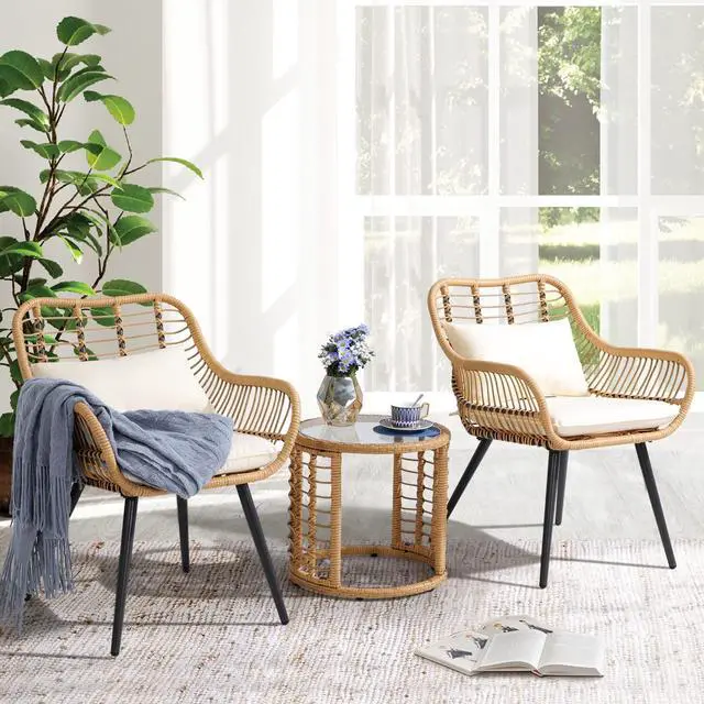 Alt view image 5 of 5 - 3 Piece Patio Bistro Set, Wicker Outdoor Patio Set with Enhanced Comfort Seating, Round Glass Top Coffee Side Table, Patio Rattan Conversation Set for Balcony, Lawn, Garden, Backyard, White