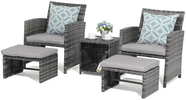 Main image of 5 Piece Patio Furniture Set, Wicker Outdoor Conversation Chair and Ottoman Set with Coffee Table, Pillows Included, for Balcony, Porch, Deck, Light Grey