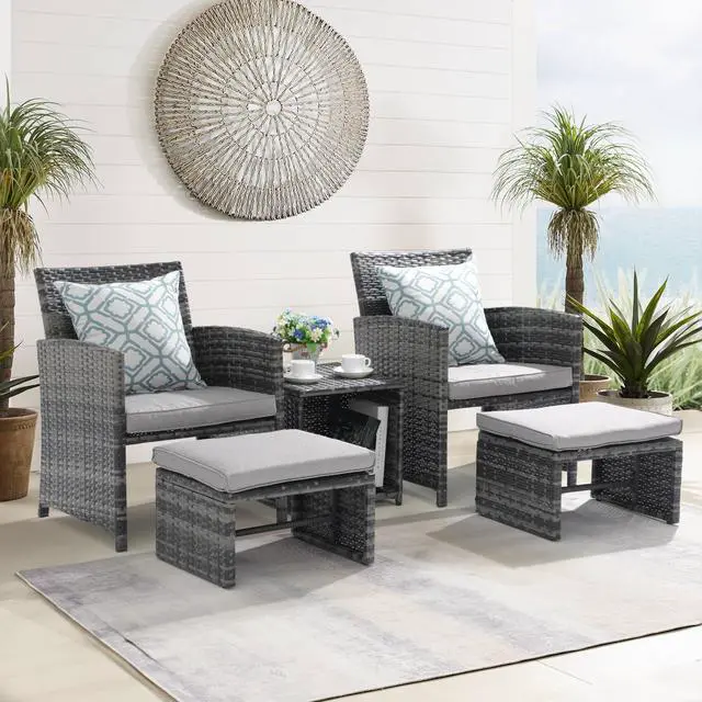 Alt view image 2 of 6 - 5 Piece Patio Furniture Set, Wicker Outdoor Conversation Chair and Ottoman Set with Coffee Table, Pillows Included, for Balcony, Porch, Deck, Light Grey