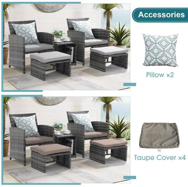 Alt view image 3 of 6 - 5 Piece Patio Furniture Set, Wicker Outdoor Conversation Chair and Ottoman Set with Coffee Table, Pillows Included, for Balcony, Porch, Deck, Light Grey