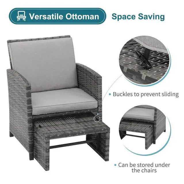Alt view image 4 of 6 - 5 Piece Patio Furniture Set, Wicker Outdoor Conversation Chair and Ottoman Set with Coffee Table, Pillows Included, for Balcony, Porch, Deck, Light Grey