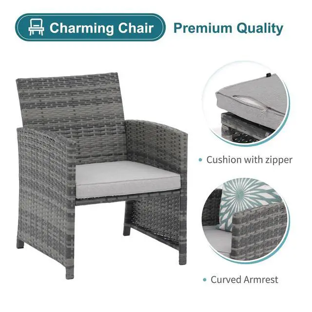 Alt view image 5 of 6 - 5 Piece Patio Furniture Set, Wicker Outdoor Conversation Chair and Ottoman Set with Coffee Table, Pillows Included, for Balcony, Porch, Deck, Light Grey