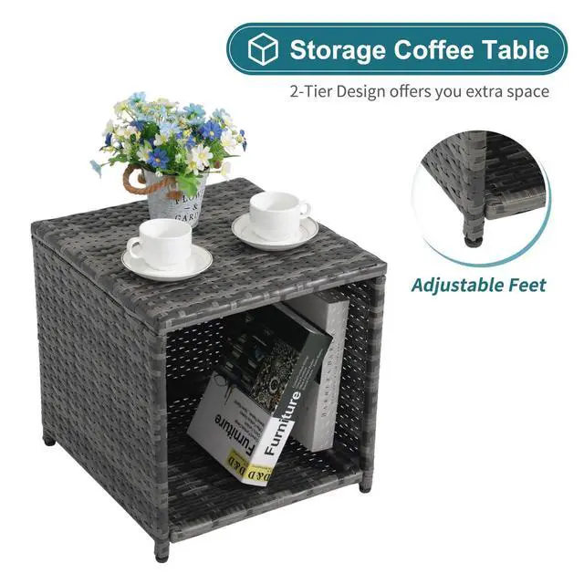 Alt view image 6 of 6 - 5 Piece Patio Furniture Set, Wicker Outdoor Conversation Chair and Ottoman Set with Coffee Table, Pillows Included, for Balcony, Porch, Deck, Light Grey